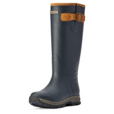 Blue wellington boots with brown buckle on a white background